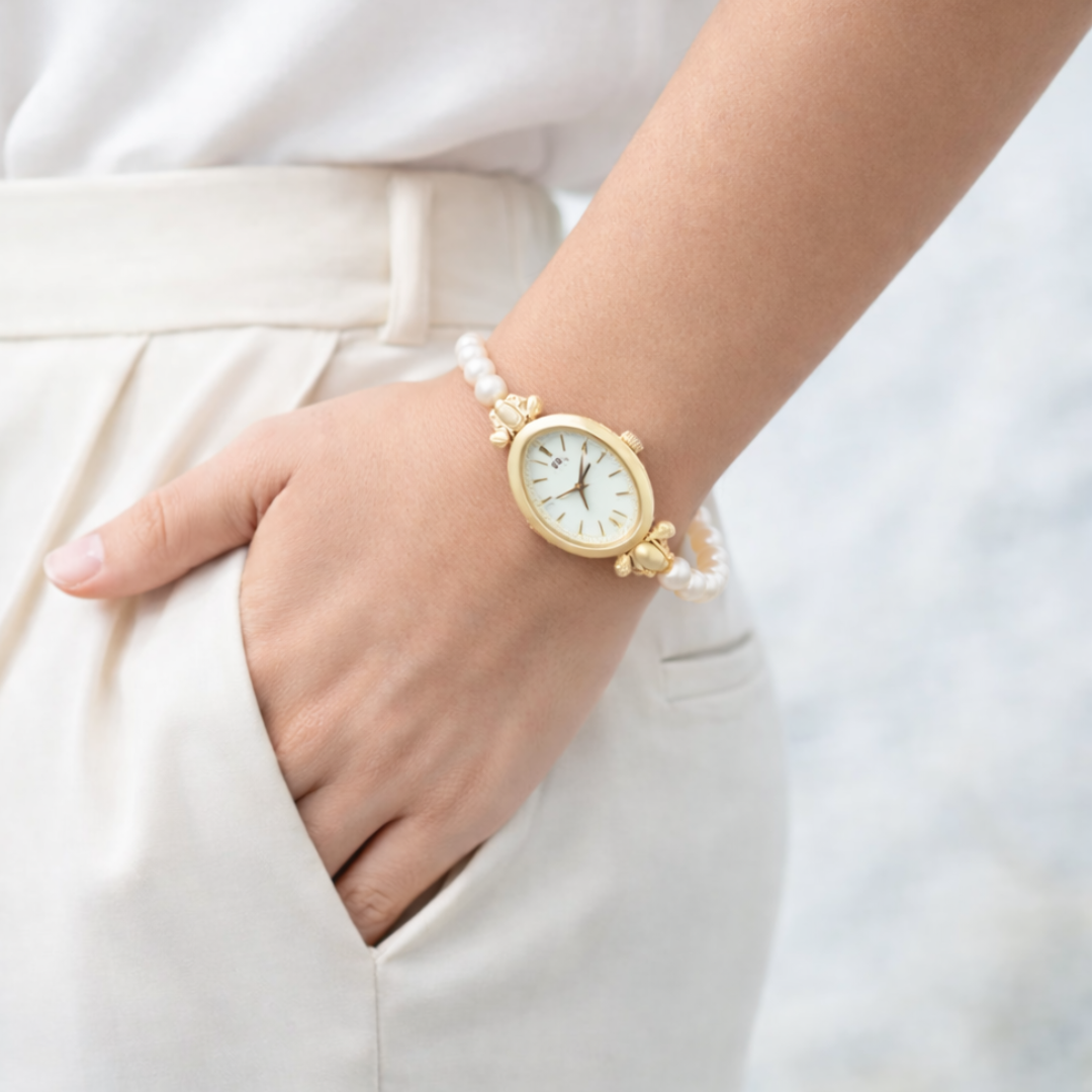 Lunavine | Gold Pearl Accent Women’s Bracelet Watch| 32 mm